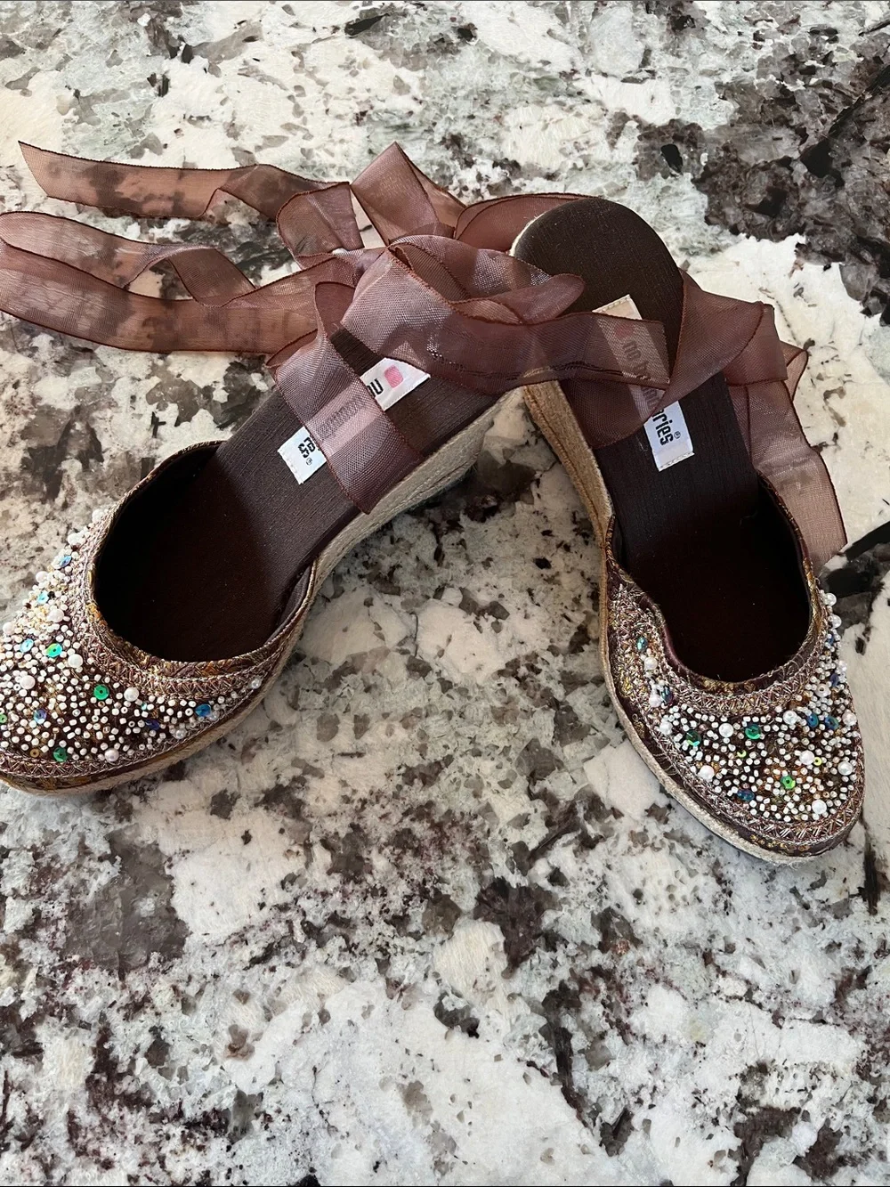 No Boundaries Brown Beaded Espadrille Flats with Ribbon Ankle Ties - Picture 2 of 4